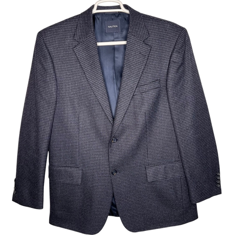 Nautica Blue Grey Houndstooth Lambswool Two Button Blazer Sport Coat Size 42 R